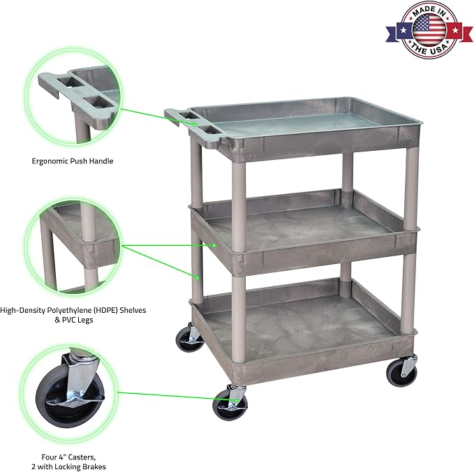 Luxor 3 Shelf Plastic Utility Cart with Spacious Tub Shelves – 300lb Weight Capacity – Grey1