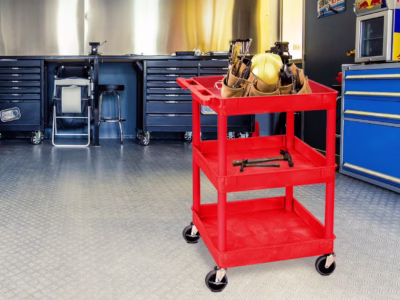 Luxor 3 Shelf Plastic Utility Cart with Spacious Tub Shelves – 300lb Weight Capacity – Red – 24 x 18