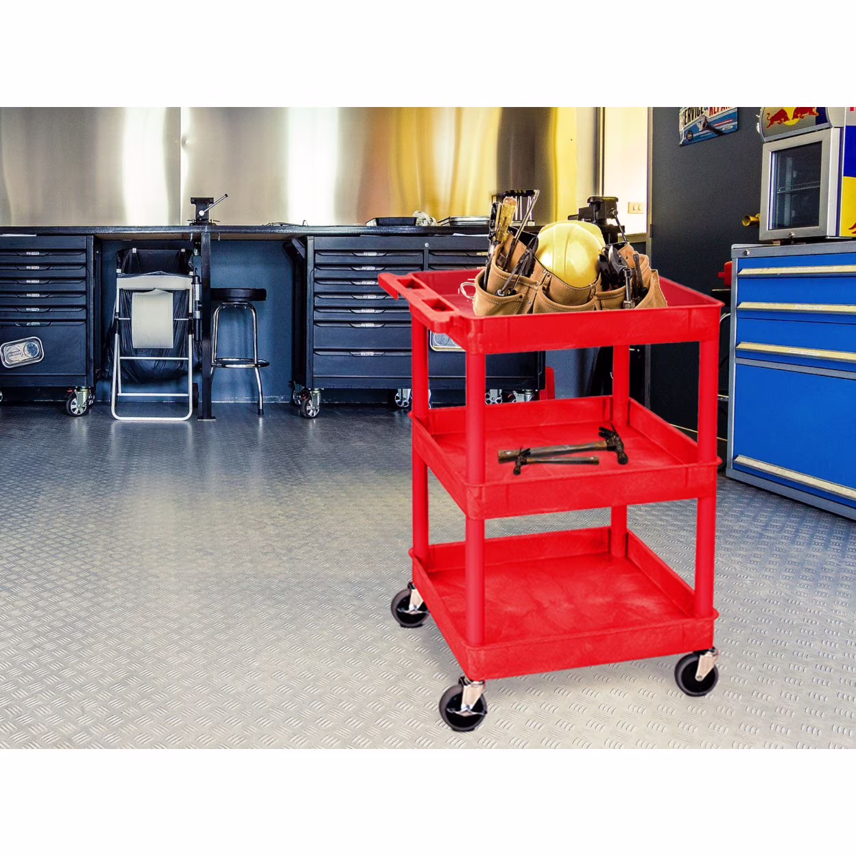 Luxor 3 Shelf Plastic Utility Cart with Spacious Tub Shelves – 300lb Weight Capacity – Red – 24 x 18