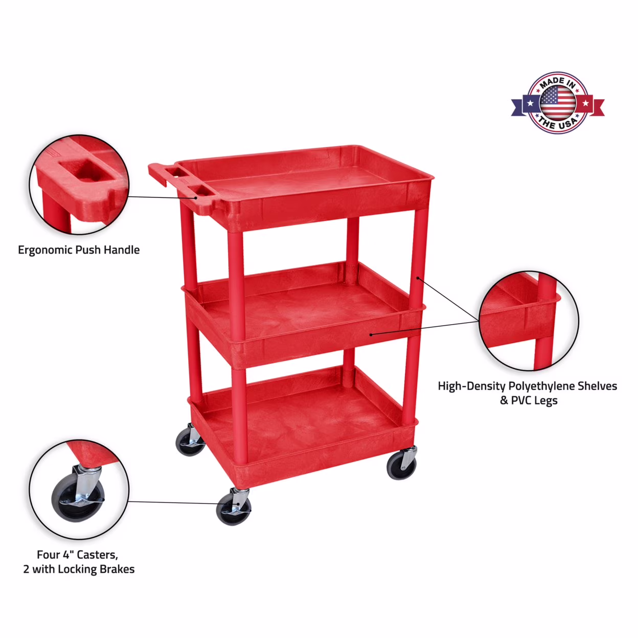 Luxor 3 Shelf Plastic Utility Cart with Spacious Tub Shelves – 300lb Weight Capacity – Red – 24 x 181