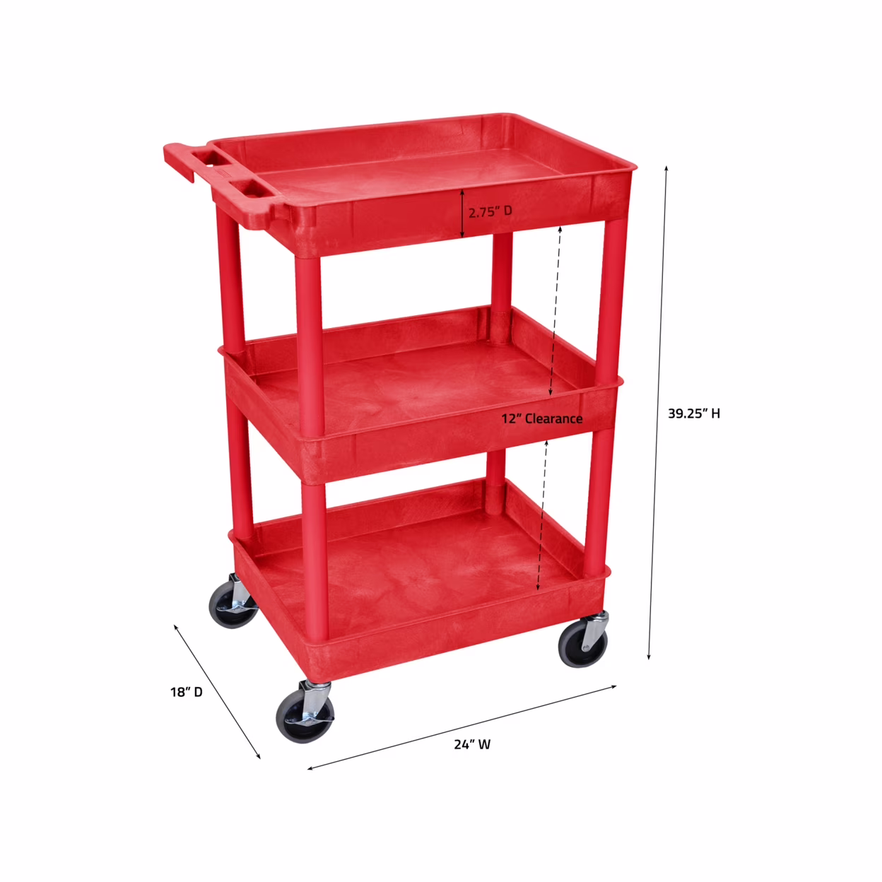 Luxor 3 Shelf Plastic Utility Cart with Spacious Tub Shelves – 300lb Weight Capacity – Red – 24 x 182