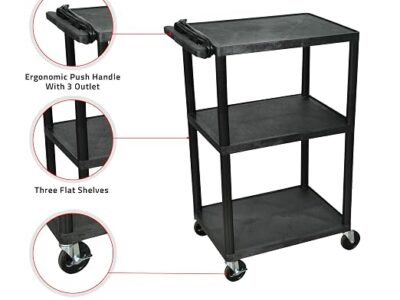 Luxor 3 Shelf Plastic Utility Cart – 300lb Weight Capacity – Black – 24 x 181