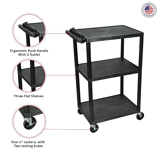 Chariot utilitaire en plastique Luxor à 3 étagères – Capacité de poids de 136 kg – Noir – 24 x 181