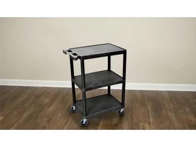 Luxor 34inch 3 Shelf Plastic Utility Cart with Flat Shelves 300lb Weight Capacity Black