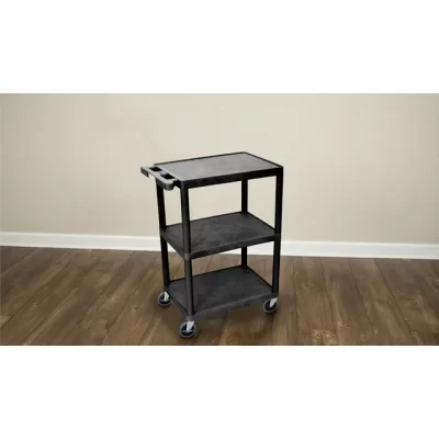 Luxor 34inch 3 Shelf Plastic Utility Cart with Flat Shelves 300lb Weight Capacity Black