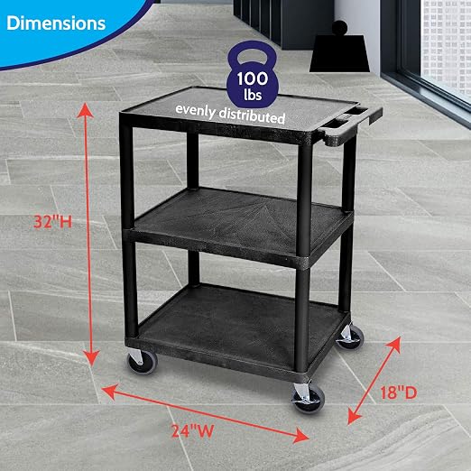 Luxor 34inch 3 Shelf Plastic Utility Cart with Flat Shelves 300lb Weight Capacity Black1 Luxor 34inch 3 Shelf Plastic Utility Cart with Flat Shelves 300lb Weight Capacity Black1