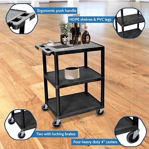 Luxor 34inch 3 Shelf Plastic Utility Cart with Flat Shelves 300lb Weight Capacity Black2 Luxor 34inch 3 Shelf Plastic Utility Cart with Flat Shelves 300lb Weight Capacity Black2