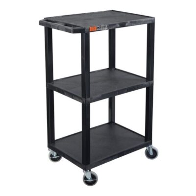 Luxor 42inch 3 Shelf Heavy Duty Plastic Utility Cart with 3 Flat Shelves 300lb Weight Capacity Black 24 x 18