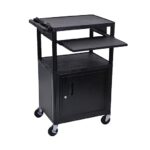 Luxor 42inch 3 Shelf Heavy Duty Plastic Utility Cart with 3 Flat Shelves, Lockable Cabinet and 3 Outlet Electric Assembly with 15' Cord 300lb Weight Capacity Black