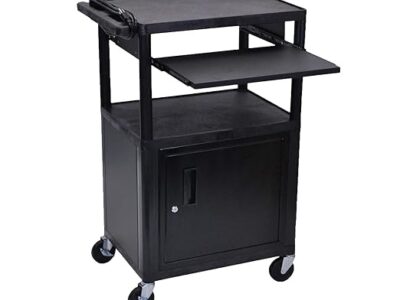 Luxor 42inch 3 Shelf Heavy Duty Plastic Utility Cart with 3 Flat Shelves, Lockable Cabinet and 3 Outlet Electric Assembly with 15' Cord 300lb Weight Capacity Black
