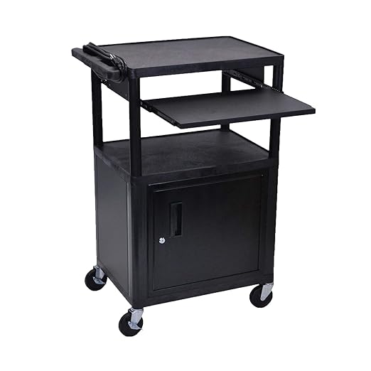 Luxor 42inch 3 Shelf Heavy Duty Plastic Cart with 3 Flat Shelves, Lockable Cabinet and 3 Outlet Electric Assembly with 15' Cord 300lb Weight Capacity Noir