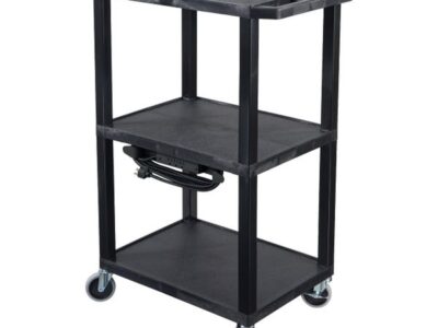 Luxor 42inch 3 Shelf Heavy Duty Plastic Utility Cart with 3 Flat Shelves and 3 Outlet Electric Assembly with 15' Cord 300lb Weight Capacity Black