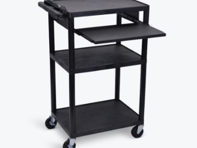 Luxor 42inch 3 Shelf Heavy Duty Plastic Utility Cart with 3 Flat Shelves and 3 Outlet Electric Assembly with 15' Cord 300lb Weight Capacity Black