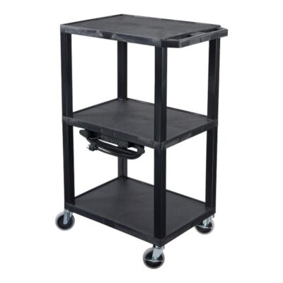 Luxor 42inch 3 Shelf Heavy Duty Plastic Utility Cart with 3 Flat Shelves and 3 Outlet Electric Assembly with 15' Cord 300lb Weight Capacity Black