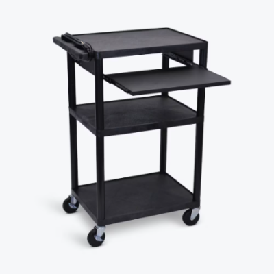 Luxor 42inch 3 Shelf Heavy Duty Plastic Utility Cart with 3 Flat Shelves and 3 Outlet Electric Assembly with 15' Cord 300lb Weight Capacity Black