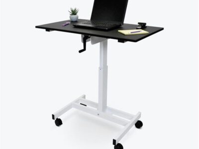 Luxor 48inch Single Column Adjustable Height Stand Up Desk with Crank Handle and Casters Black with White Stand