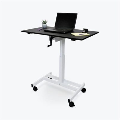 Luxor 48inch Single Column Adjustable Height Stand Up Desk with Crank Handle and Casters Black with White Stand