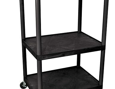 Luxor 54inch 3 Shelf Heavy Duty Plastic Utility Cart with 3 Flat Shelves 400lb Weight Capacity Black