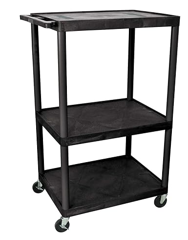 Luxor 54inch 3 Shelf Heavy Duty Plastic Utility Cart with 3 Flat Shelves 400lb Weight Capacity Black