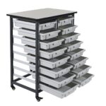 Système de rangement mobile Luxor à double rangée de bacs avec 16 bacs amovibles, cadre durable et roulettes verrouillables