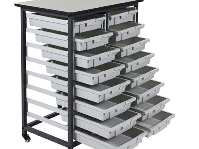 Luxor Double Row Mobile Bin Storage System with 16 Removable Bins, Durable Frame, and Locking Casters