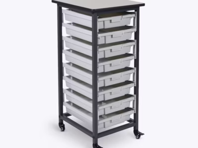 Système de rangement mobile Luxor à une rangée de bacs avec 8 bacs amovibles, cadre durable et roulettes verrouillables
