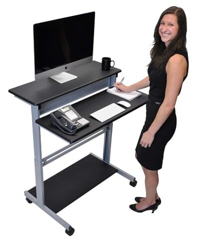 Luxor Two Tier 40inch Adjustable Height Presentation Station with Steel Frame and Casters – Black5 Luxor Two Tier 40inch Adjustable Height Presentation Station with Steel Frame and Casters – Black5
