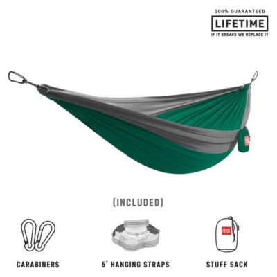 Grand Trunk Double Deluxe Hammock featuring Parachute Nylon and Straps - Green/Charcoal