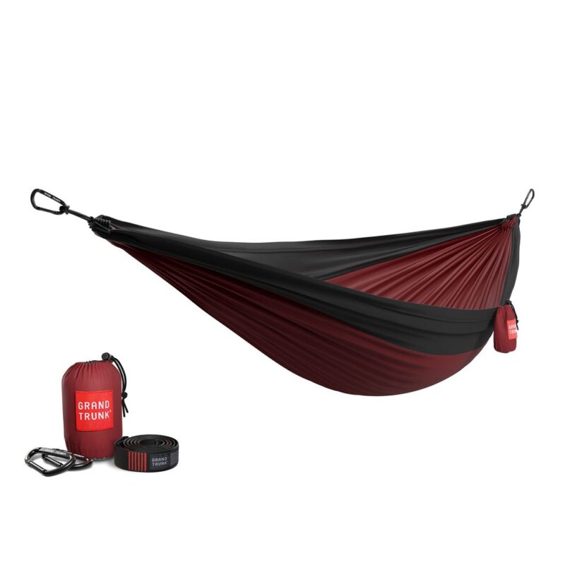 Grand Trunk Double Deluxe Hammock featuring Parachute Nylon and Straps - Crimson/Charcoal Grand Trunk Double Deluxe Hammock featuring Parachute Nylon and Straps - Crimson/Charcoal
