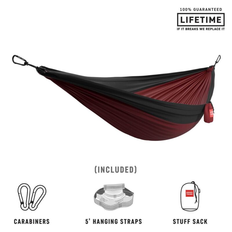 Grand Trunk Double Deluxe Hammock featuring Parachute Nylon and Straps - Crimson/Charcoal Grand Trunk Double Deluxe Hammock featuring Parachute Nylon and Straps - Crimson/Charcoal