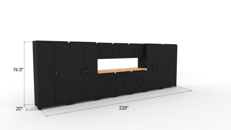 CAT FWSETBZ dims CAT garage storage cabinet set with 4 lockers, 3 wall cabinets, 2 base cabinets, 1 tool cabinet and 84 inch worktop