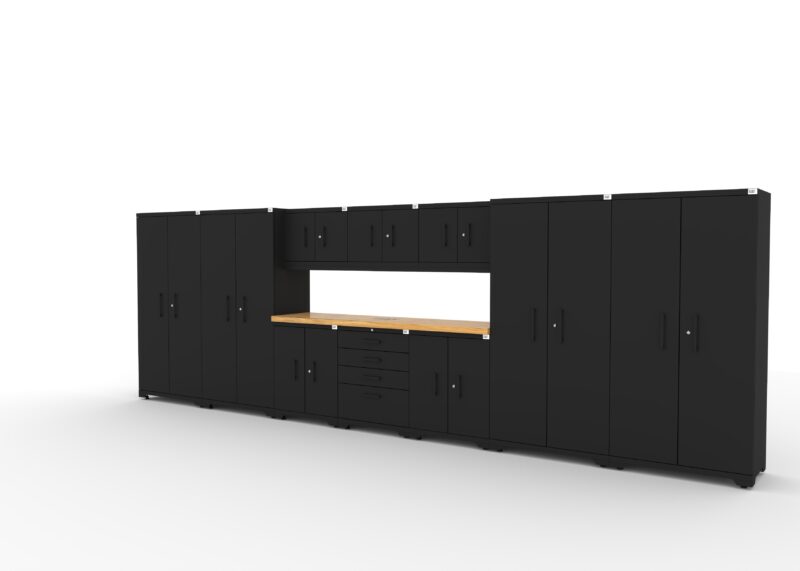 CAT FWSETBZ left CAT garage storage cabinet set with 4 lockers, 3 wall cabinets, 2 base cabinets, 1 tool cabinet and 84 inch worktop