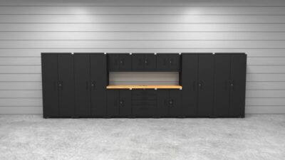 CAT FWSETBZ style de vie Ensemble de rangement d'atelier CAT avec 4 casiers, 3 armoires murales, 2 armoires basses, 1 armoire à outils et un plan de travail de 84 pouces