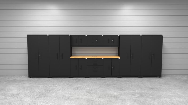 CAT FWSETBZ lifestyle CAT garage storage cabinet set with 4 lockers, 3 wall cabinets, 2 base cabinets, 1 tool cabinet and 84 inch worktop