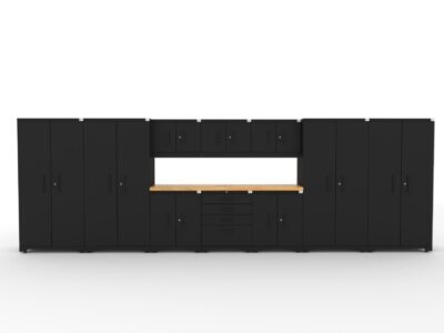 CAT garage storage cabinet set with 4 lockers, 3 wall cabinets, 2 base cabinets, 1 tool cabinet and 84 inch worktop
