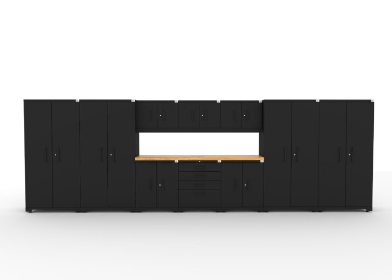 CAT FWSETBZ main CAT garage storage cabinet set with 4 lockers, 3 wall cabinets, 2 base cabinets, 1 tool cabinet and 84 inch worktop