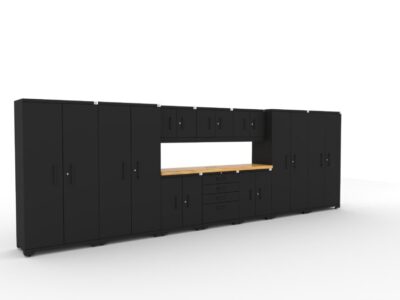 CAT garage storage cabinet set with 4 lockers, 3 wall cabinets, 2 base cabinets, 1 tool cabinet and 84 inch worktop