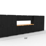 CAT garage storage cabinet set with 4 lockers, 3 wall cabinets, 1 base cabinet, 2 tool cabinets and 84 inch worktop