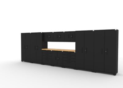 CAT garage storage cabinet set with 4 lockers, 3 wall cabinets, 1 base cabinet, 2 tool cabinets and 84 inch worktop