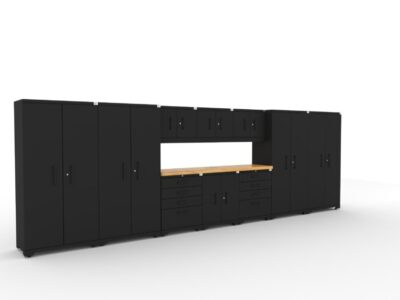CAT garage storage cabinet set with 4 lockers, 3 wall cabinets, 1 base cabinet, 2 tool cabinets and 84 inch worktop
