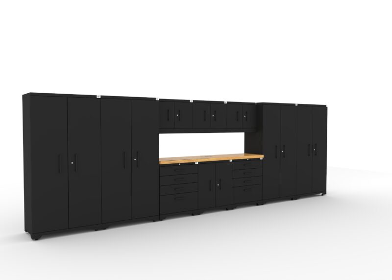 CAT FWSETCZ right CAT garage storage cabinet set with 4 lockers, 3 wall cabinets, 1 base cabinet, 2 tool cabinets and 84 inch worktop