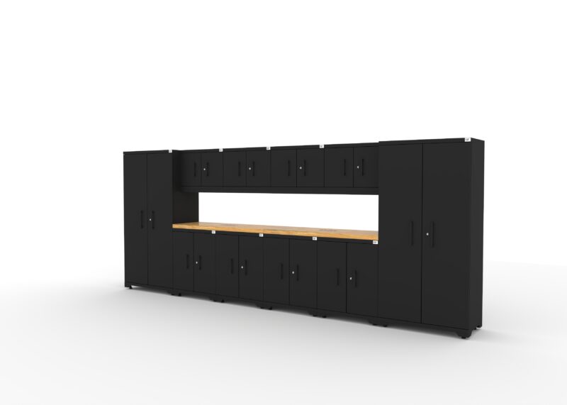 Meubles de rangement pour garage avec 2 casiers, 4 armoires murales, 4 meubles bas et deux plans de travail en bois massif de 56 pouces