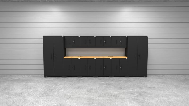 Meubles de rangement pour garage avec 2 casiers, 4 armoires murales, 4 meubles bas et deux plans de travail en bois massif de 56 pouces