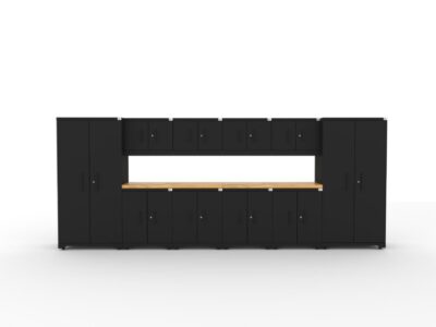 Garage storage cabinets with 2 lockers, 4 wall cabinets, 4 base cabinets and dual 56 inch solid wood worktops