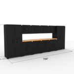CAT fully-welded garage cabinetry set with 2 lockers, 4 wall cabinets, 2 base cabinets, 2 tool cabinets and dual 56 inch tops