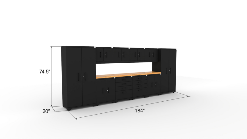 CAT fully-welded garage cabinetry set with 2 lockers, 4 wall cabinets, 2 base cabinets, 2 tool cabinets and dual 56 inch tops