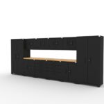 CAT fully-welded garage cabinetry set with 2 lockers, 4 wall cabinets, 2 base cabinets, 2 tool cabinets and dual 56 inch tops