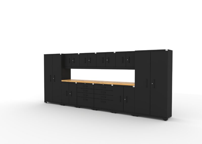 CAT fully-welded garage cabinetry set with 2 lockers, 4 wall cabinets, 2 base cabinets, 2 tool cabinets and dual 56 inch tops