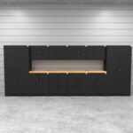 CAT fully-welded garage cabinetry set with 2 lockers, 4 wall cabinets, 2 base cabinets, 2 tool cabinets and dual 56 inch tops