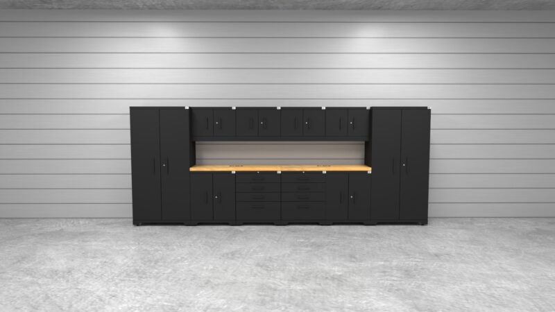 CAT fully-welded garage cabinetry set with 2 lockers, 4 wall cabinets, 2 base cabinets, 2 tool cabinets and dual 56 inch tops